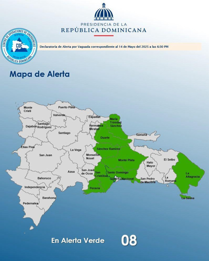 8 provincias se encuentran en alerta verde